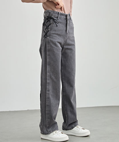 サイド レースアップ ハイウエスト ストレート デニム パンツ