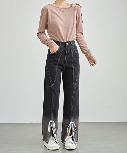レースアップ ステッチ ハイウエスト ストレート デニム パンツ