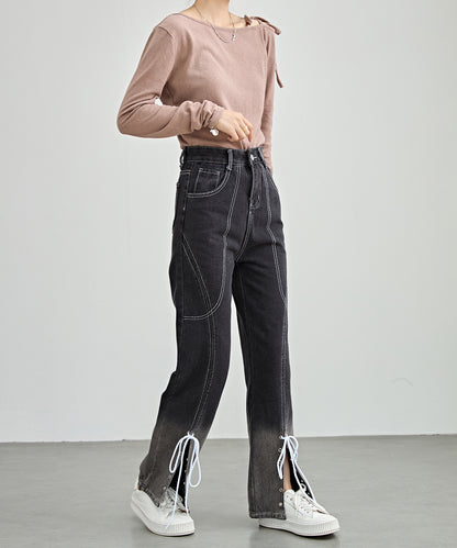 レースアップ ステッチ ハイウエスト ストレート デニム パンツ