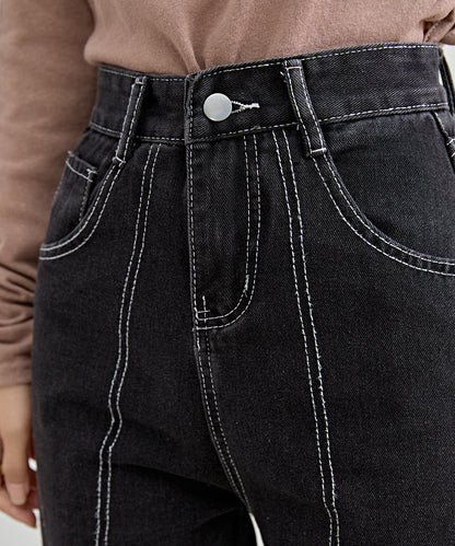 レースアップ ステッチ ハイウエスト ストレート デニム パンツ