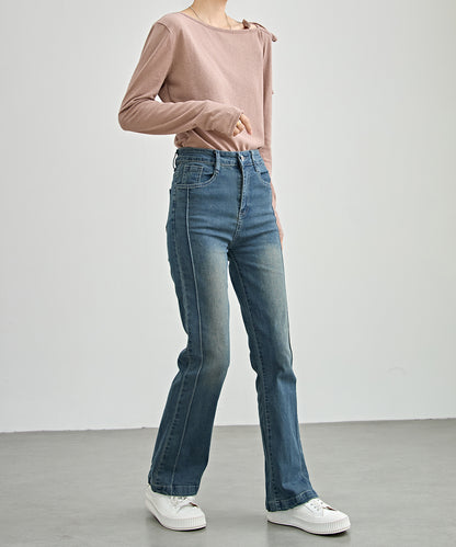 サイドライン ハイウエスト フレア デニム パンツ