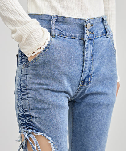 サイド シャーリング カットアウト ダメージ デニム パンツ