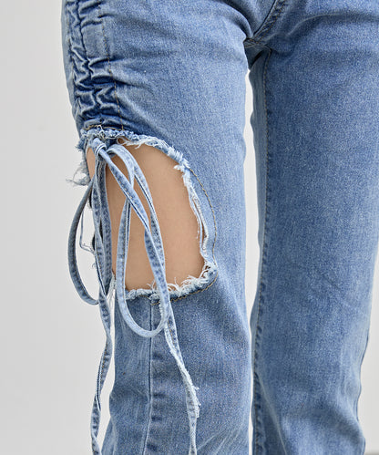 サイド シャーリング カットアウト ダメージ デニム パンツ