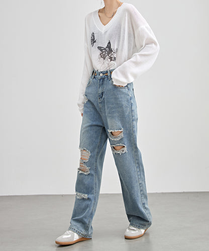 ハイウエスト ウォッシュド ダメージ デニム パンツ