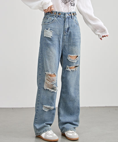 ハイウエスト ウォッシュド ダメージ デニム パンツ