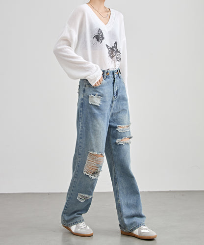 ハイウエスト ウォッシュド ダメージ デニム パンツ