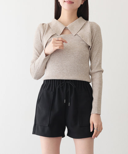 ソリッドカラー パッチポケット付き イージー キュロット パンツ