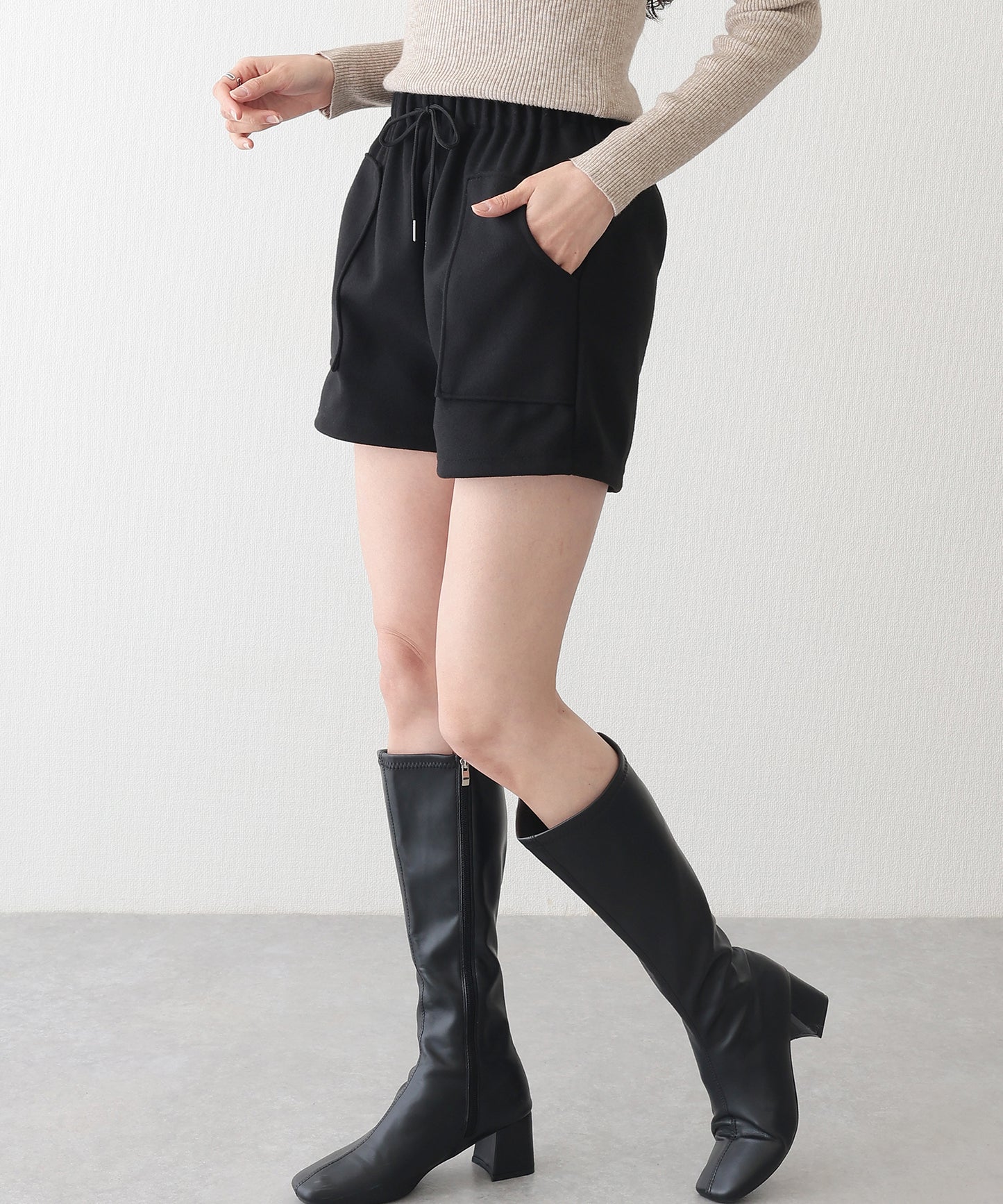 ソリッドカラー パッチポケット付き イージー キュロット パンツ