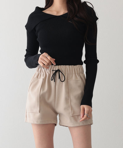 ソリッドカラー パッチポケット付き イージー キュロット パンツ