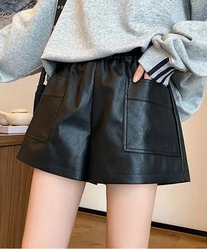 ポケット付き ウエストゴム レザー調 ショート パンツ