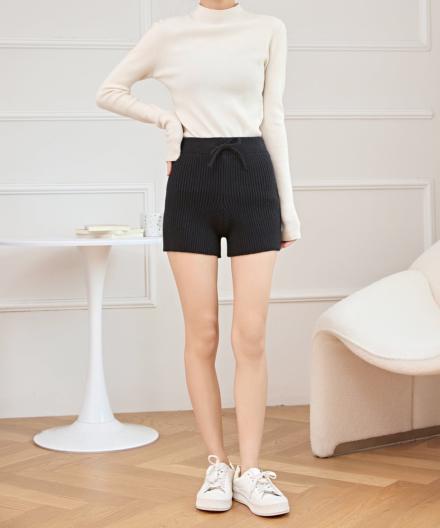 リブ ニット リボン付き ショート パンツ