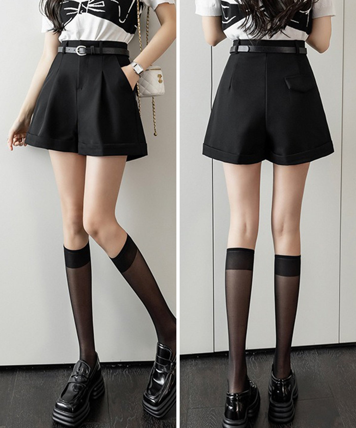 ベルト付き 裾ロールアップ タック ショートパンツ
