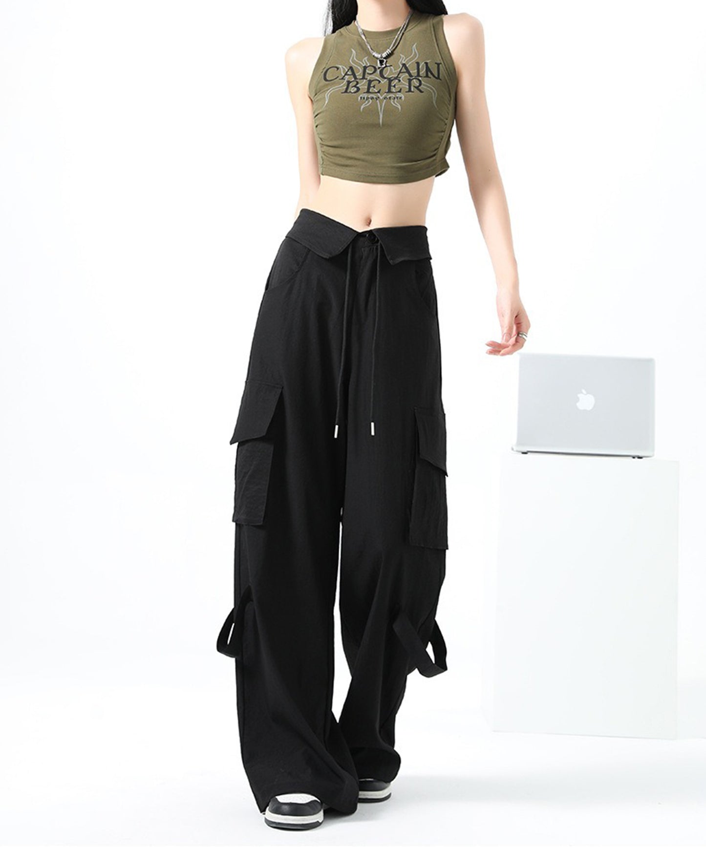 ハイウエスト 折り返し ワイド カーゴ パンツ