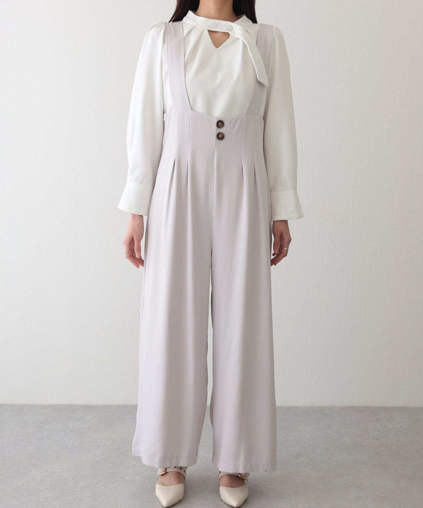 ダブルタック ボタン ハイウエスト サロペット パンツ