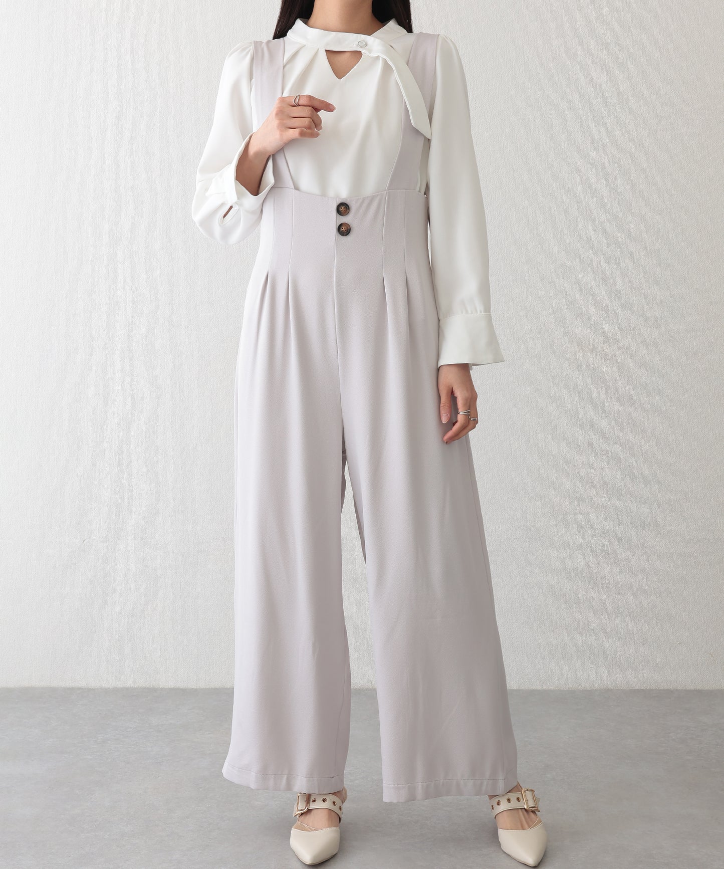 ダブルタック ボタン ハイウエスト サロペット パンツ