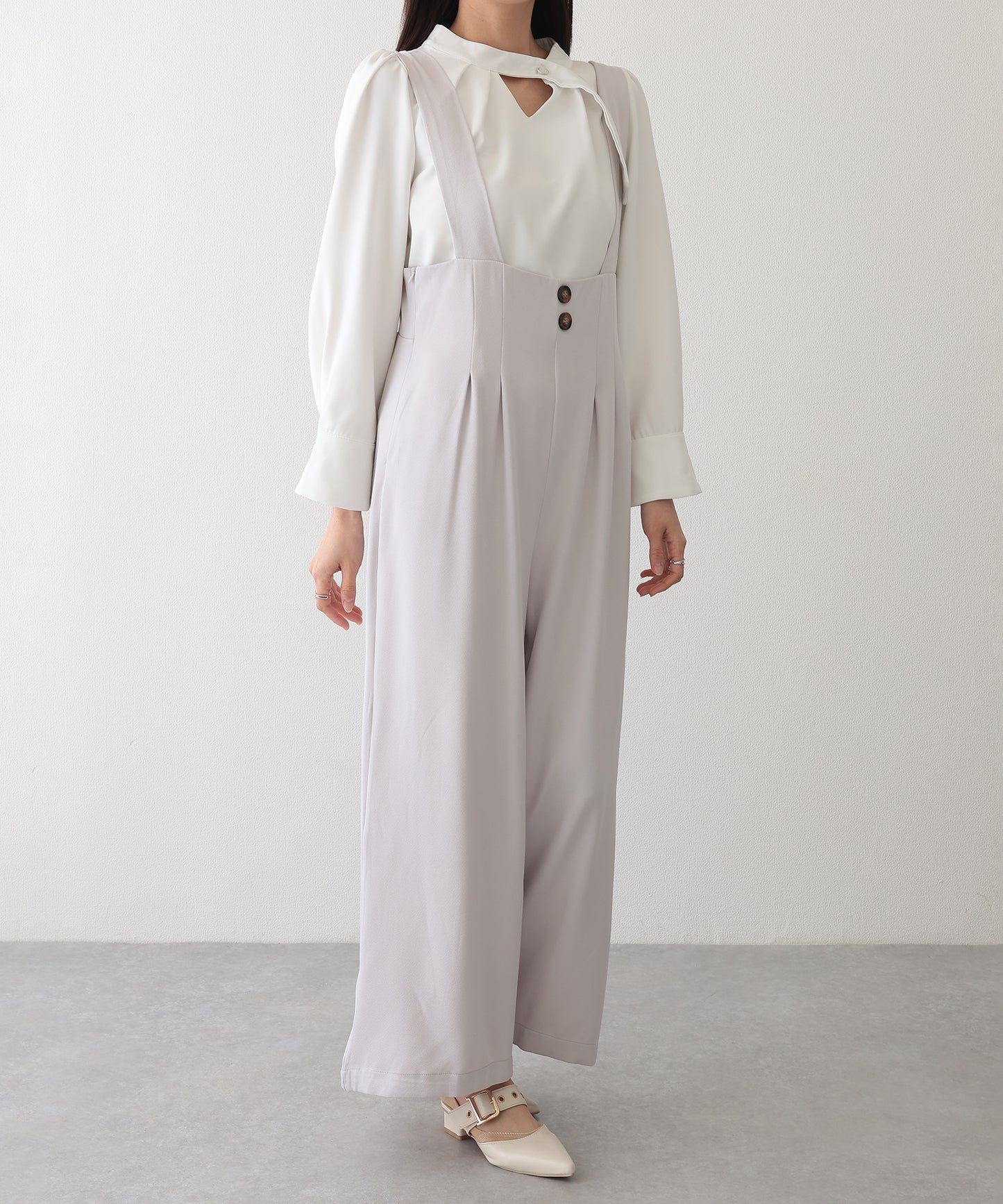 ダブルタック ボタン ハイウエスト サロペット パンツ