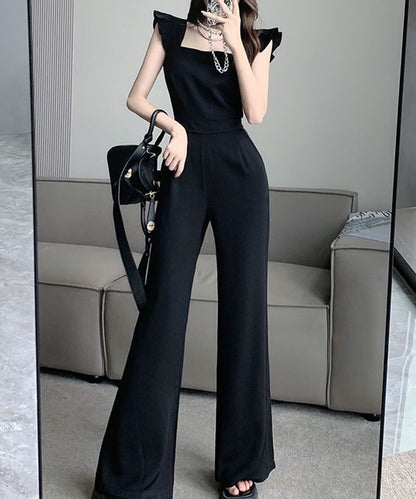 ショルダー フリル ハイウエスト フレア サロペット