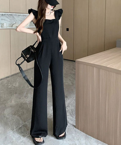 ショルダー フリル ハイウエスト フレア サロペット