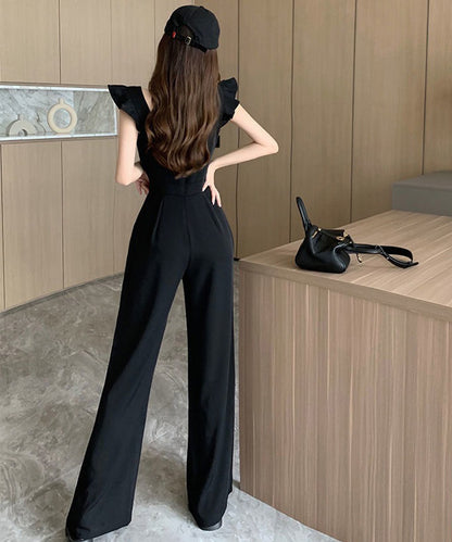 ショルダー フリル ハイウエスト フレア サロペット