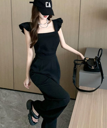 ショルダー フリル ハイウエスト フレア サロペット