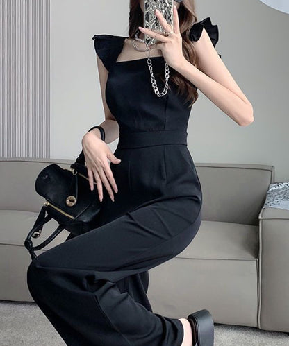 ショルダー フリル ハイウエスト フレア サロペット