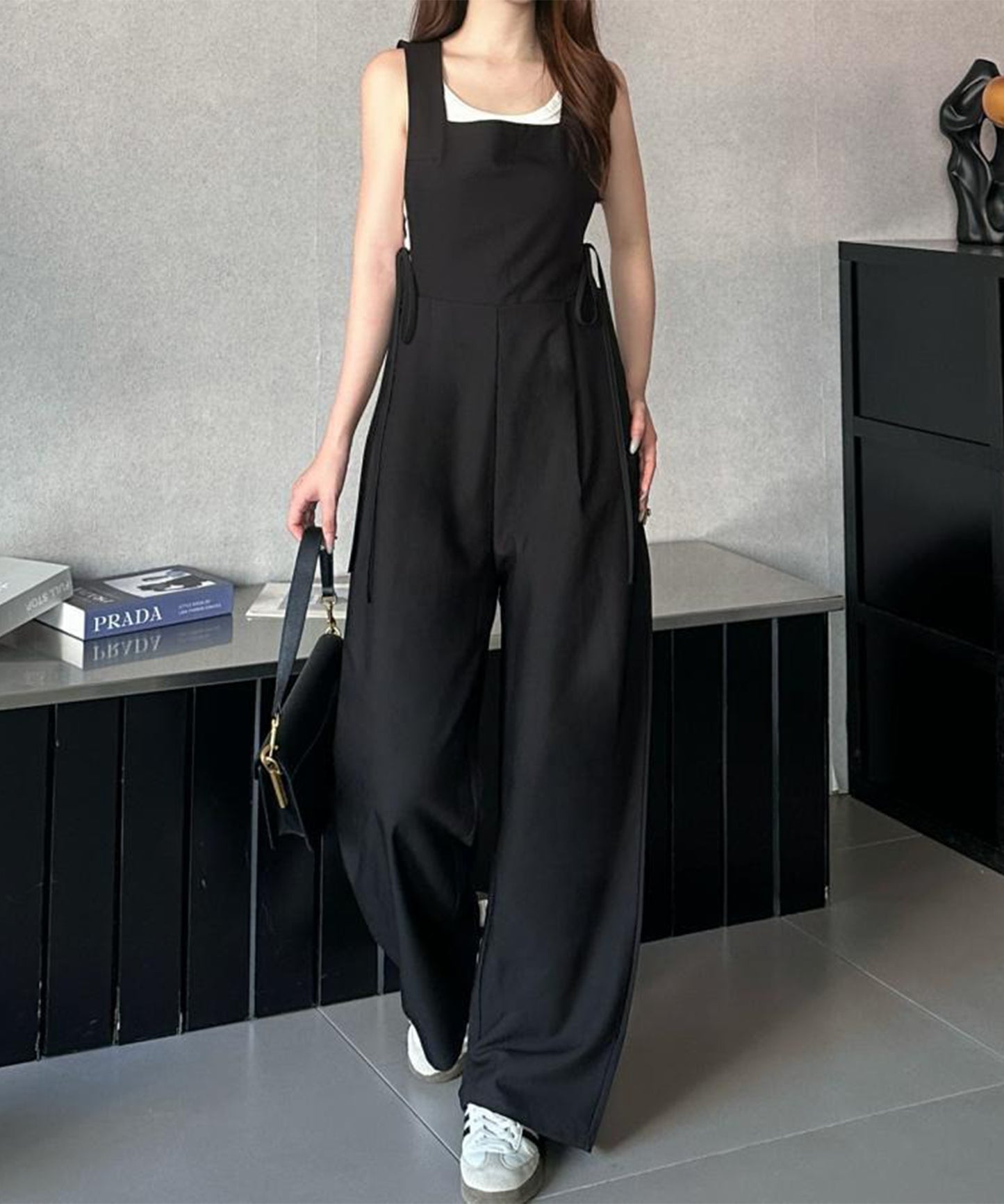 サイドリボン タック ハイウエスト サロペット パンツ