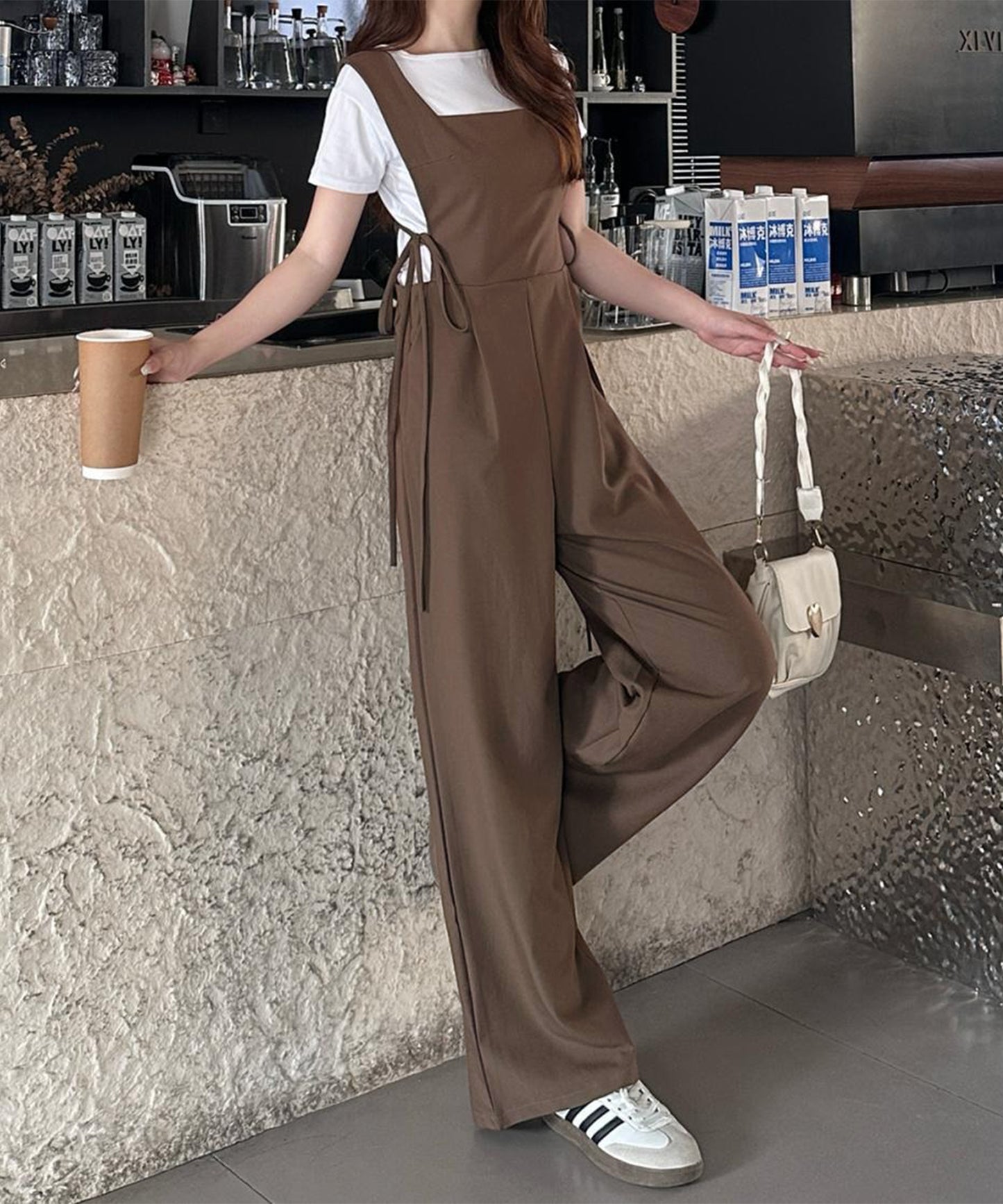 サイドリボン タック ハイウエスト サロペット パンツ