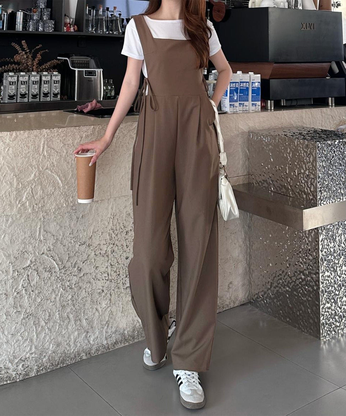 サイドリボン タック ハイウエスト サロペット パンツ