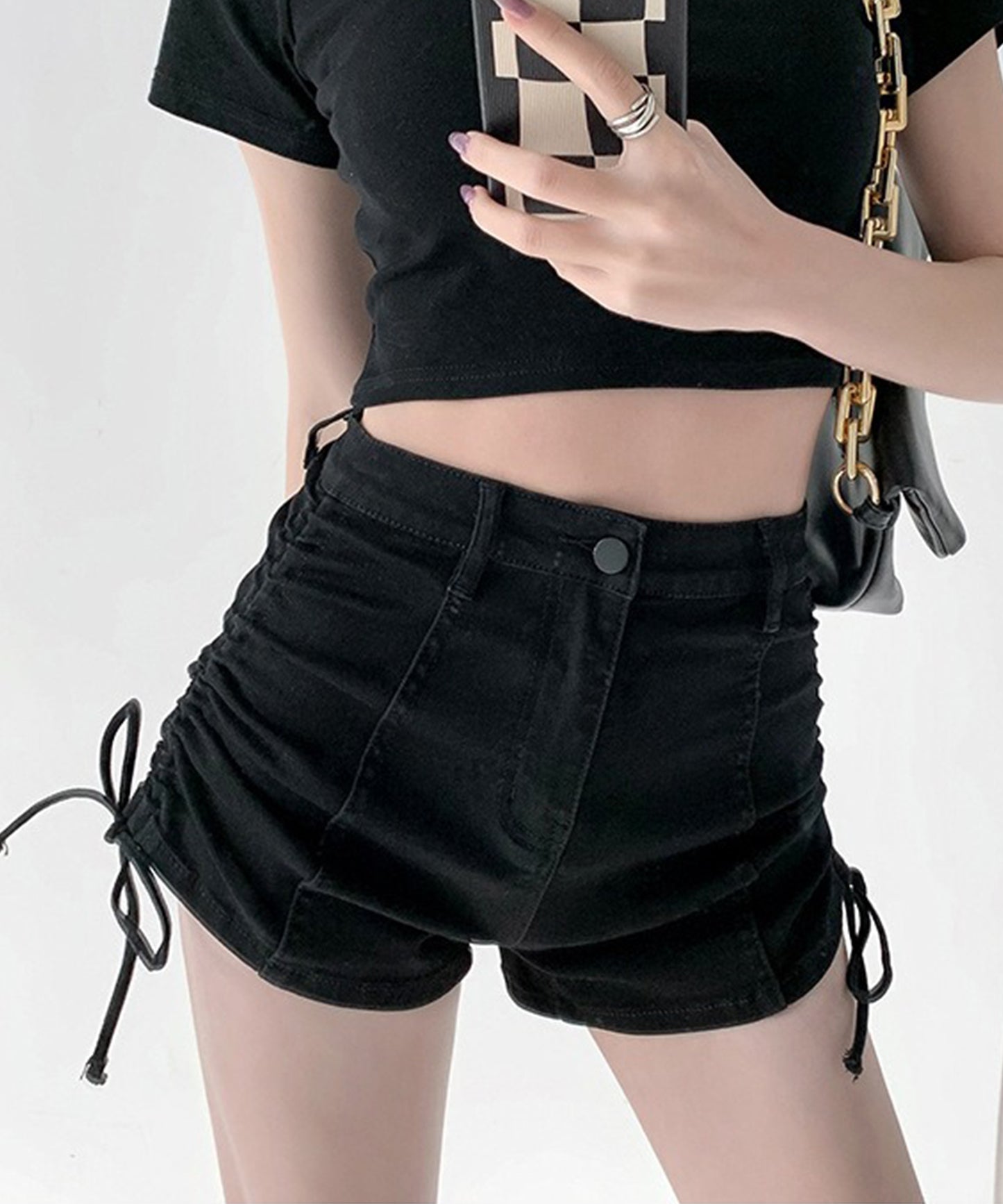 サイド シャーリング リボン デニム ショート パンツ