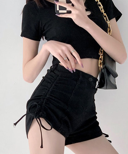 サイド シャーリング リボン デニム ショート パンツ