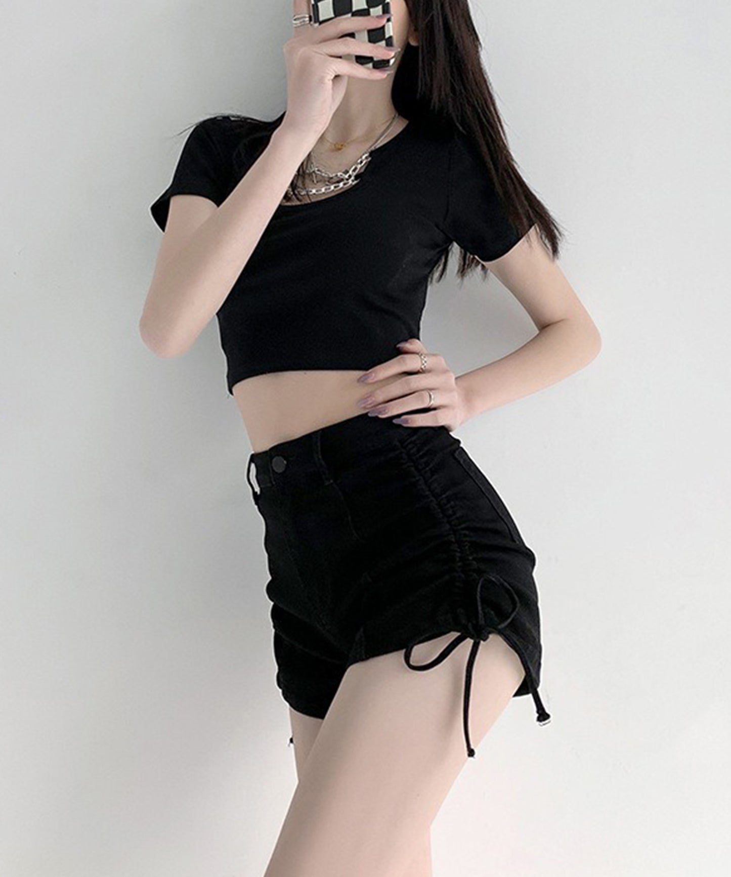 サイド シャーリング リボン デニム ショート パンツ