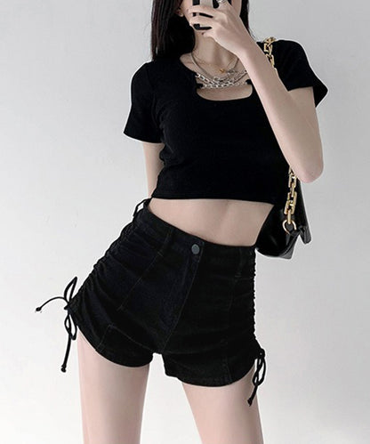 サイド シャーリング リボン デニム ショート パンツ