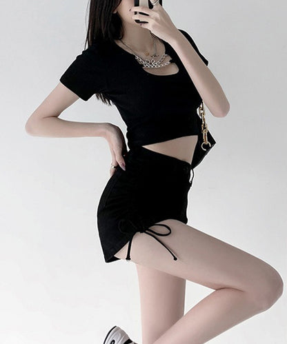 サイド シャーリング リボン デニム ショート パンツ