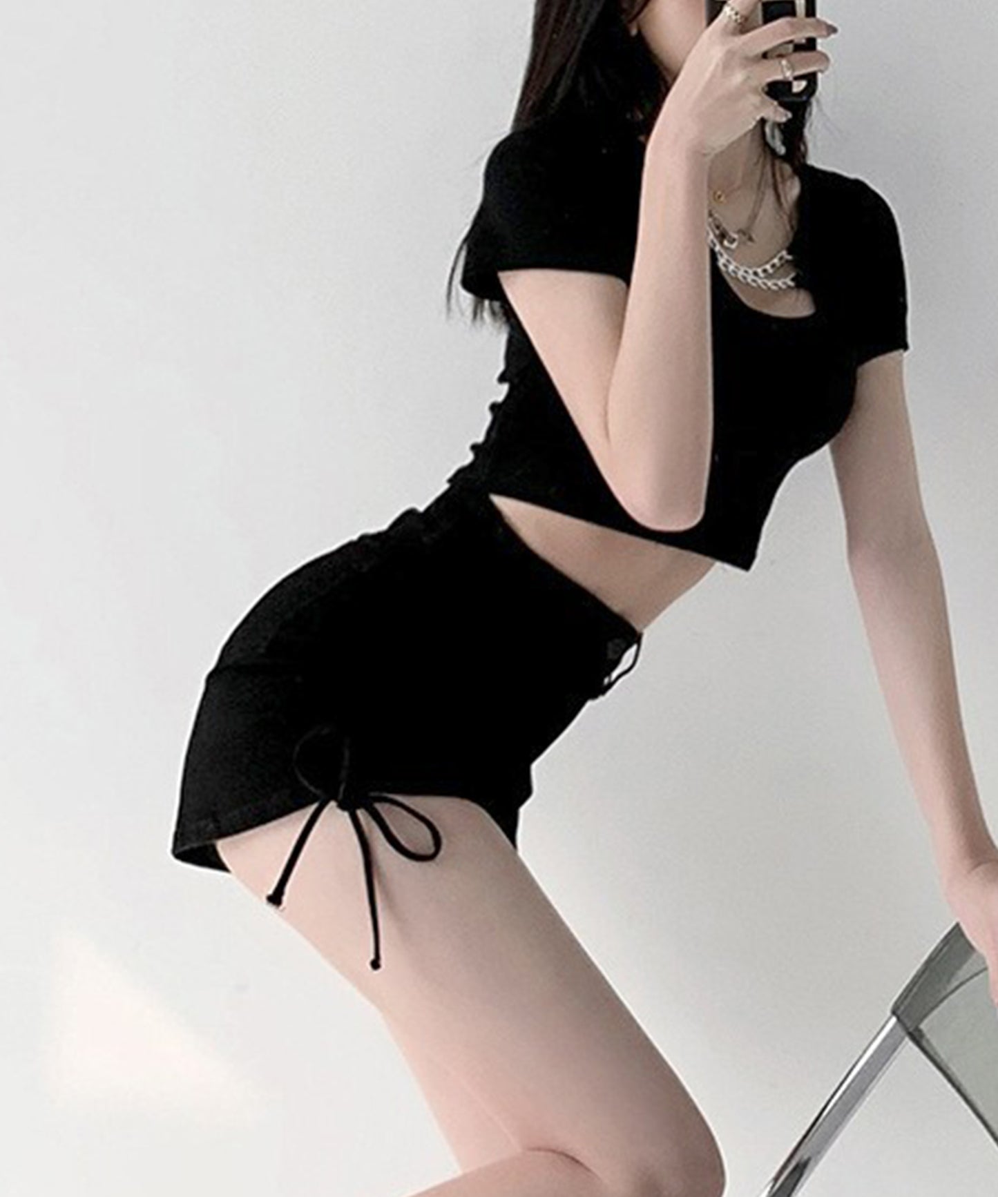 サイド シャーリング リボン デニム ショート パンツ