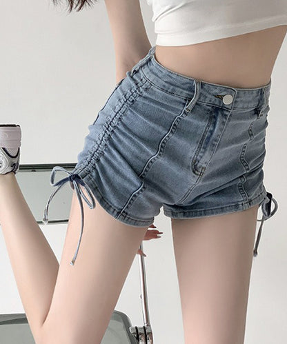 サイド シャーリング リボン デニム ショート パンツ