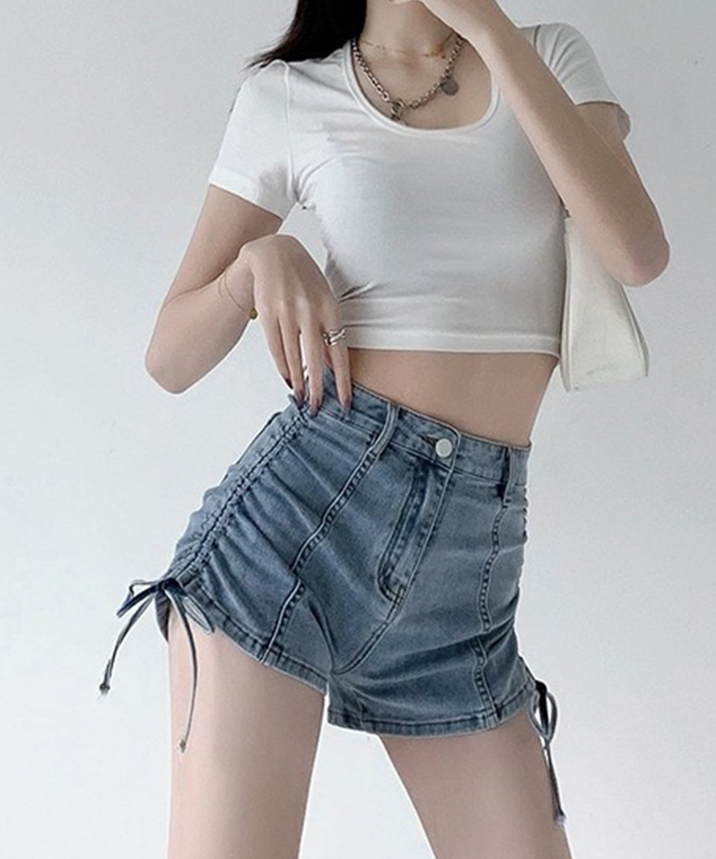 サイド シャーリング リボン デニム ショート パンツ