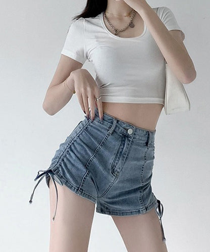 サイド シャーリング リボン デニム ショート パンツ