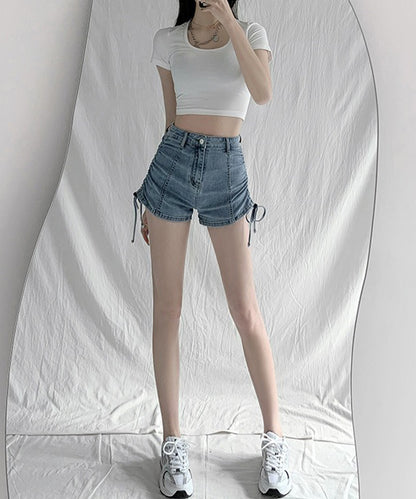 サイド シャーリング リボン デニム ショート パンツ