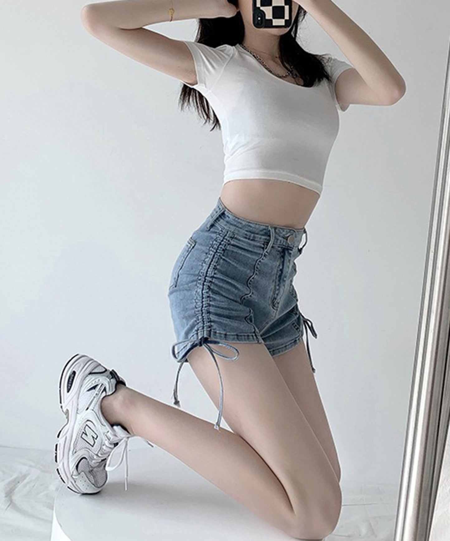 サイド シャーリング リボン デニム ショート パンツ