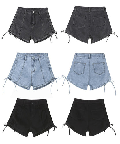 サイド シャーリング リボン デニム ショート パンツ