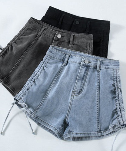 サイド シャーリング リボン デニム ショート パンツ