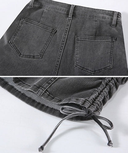 サイド シャーリング リボン デニム ショート パンツ