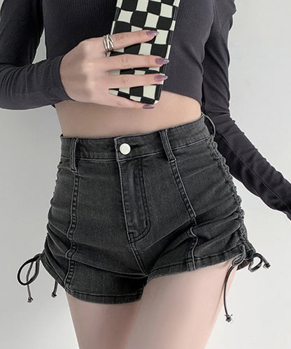 サイド シャーリング リボン デニム ショート パンツ
