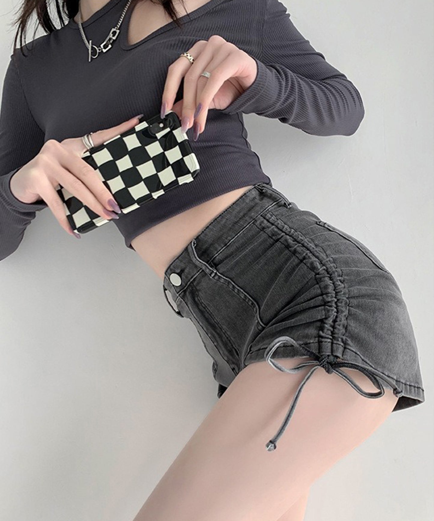 サイド シャーリング リボン デニム ショート パンツ