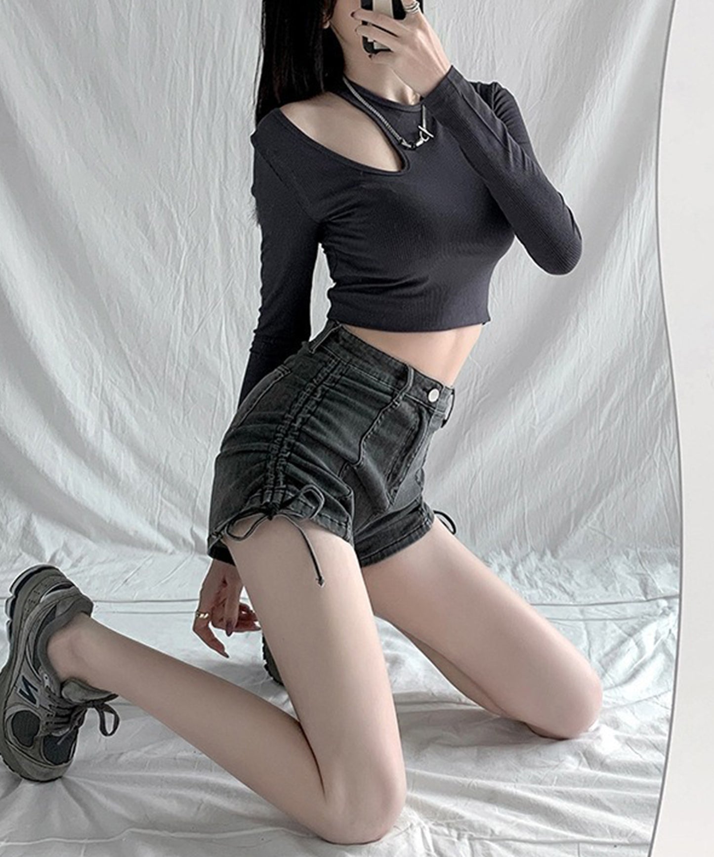 サイド シャーリング リボン デニム ショート パンツ