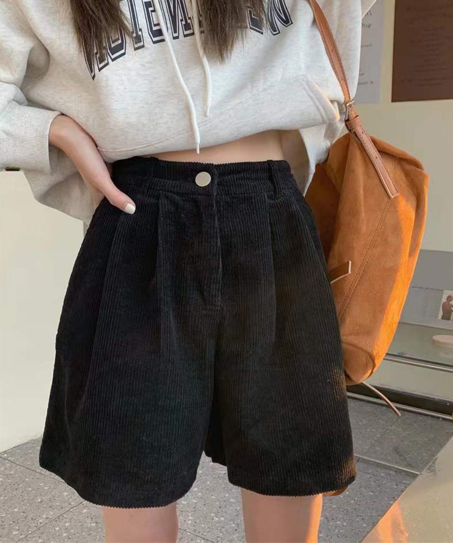 コーデュロイ タック ハイウエスト フレア ショート パンツ