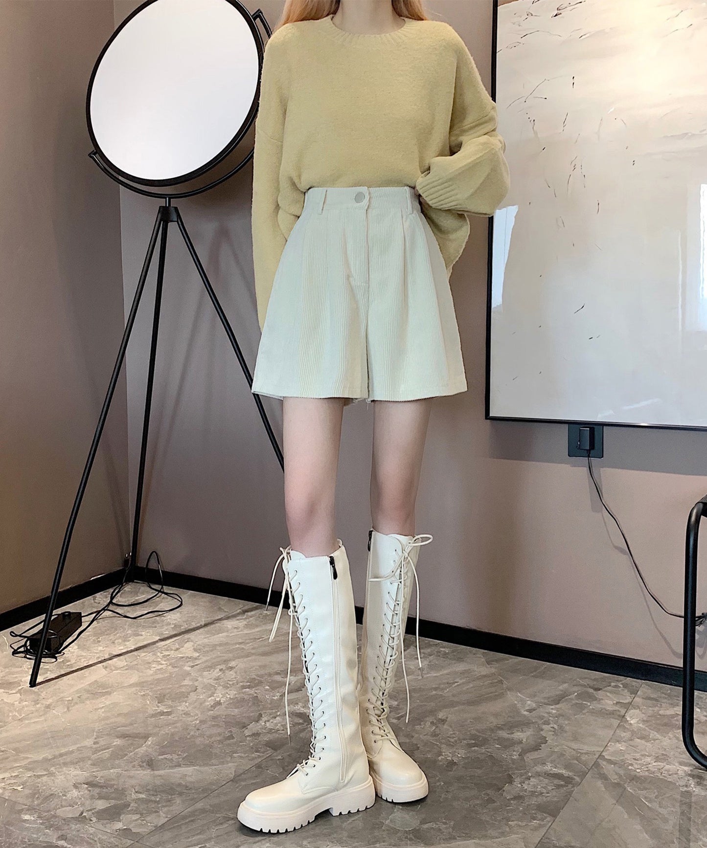 コーデュロイ タック ハイウエスト フレア ショート パンツ