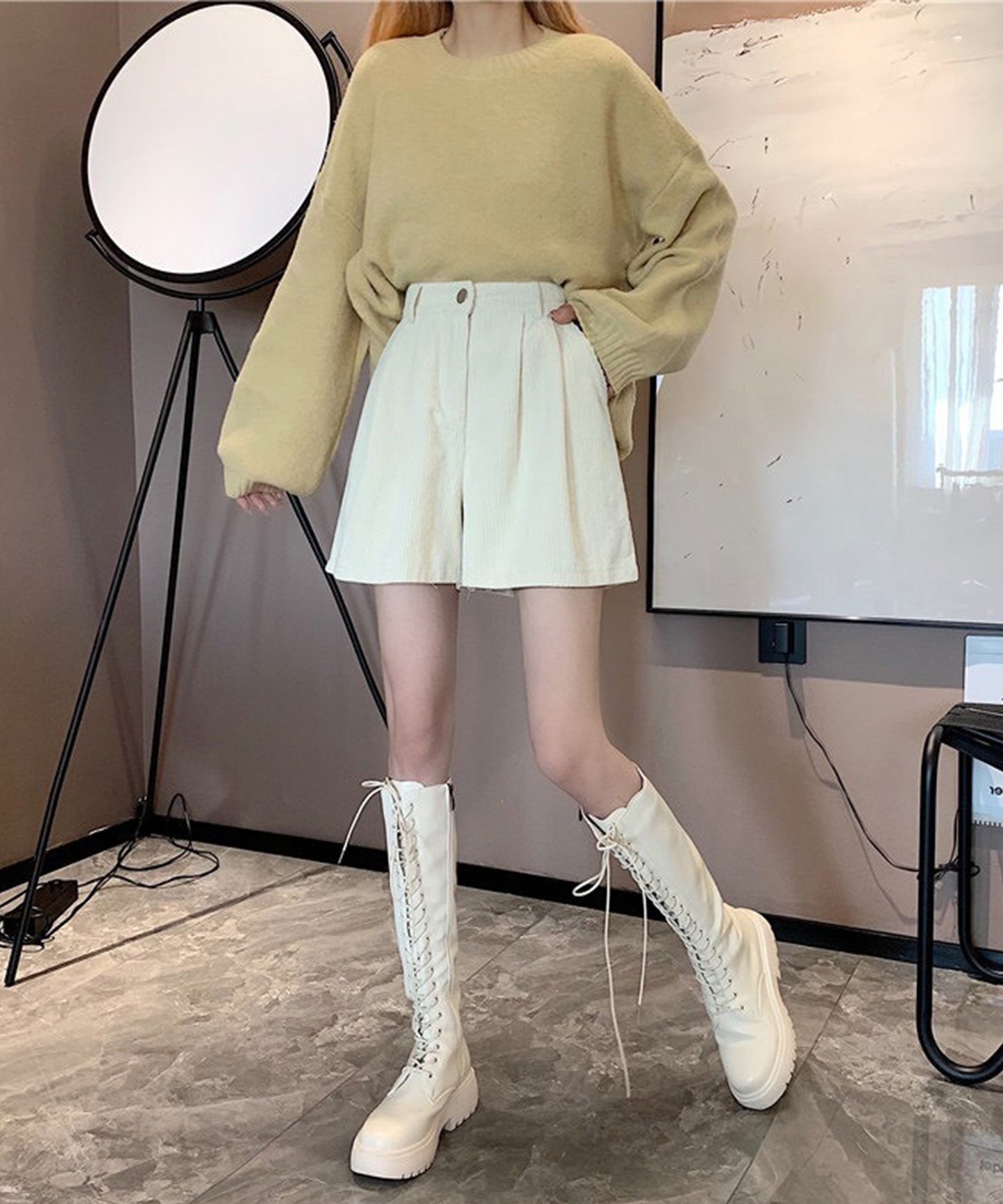 コーデュロイ タック ハイウエスト フレア ショート パンツ