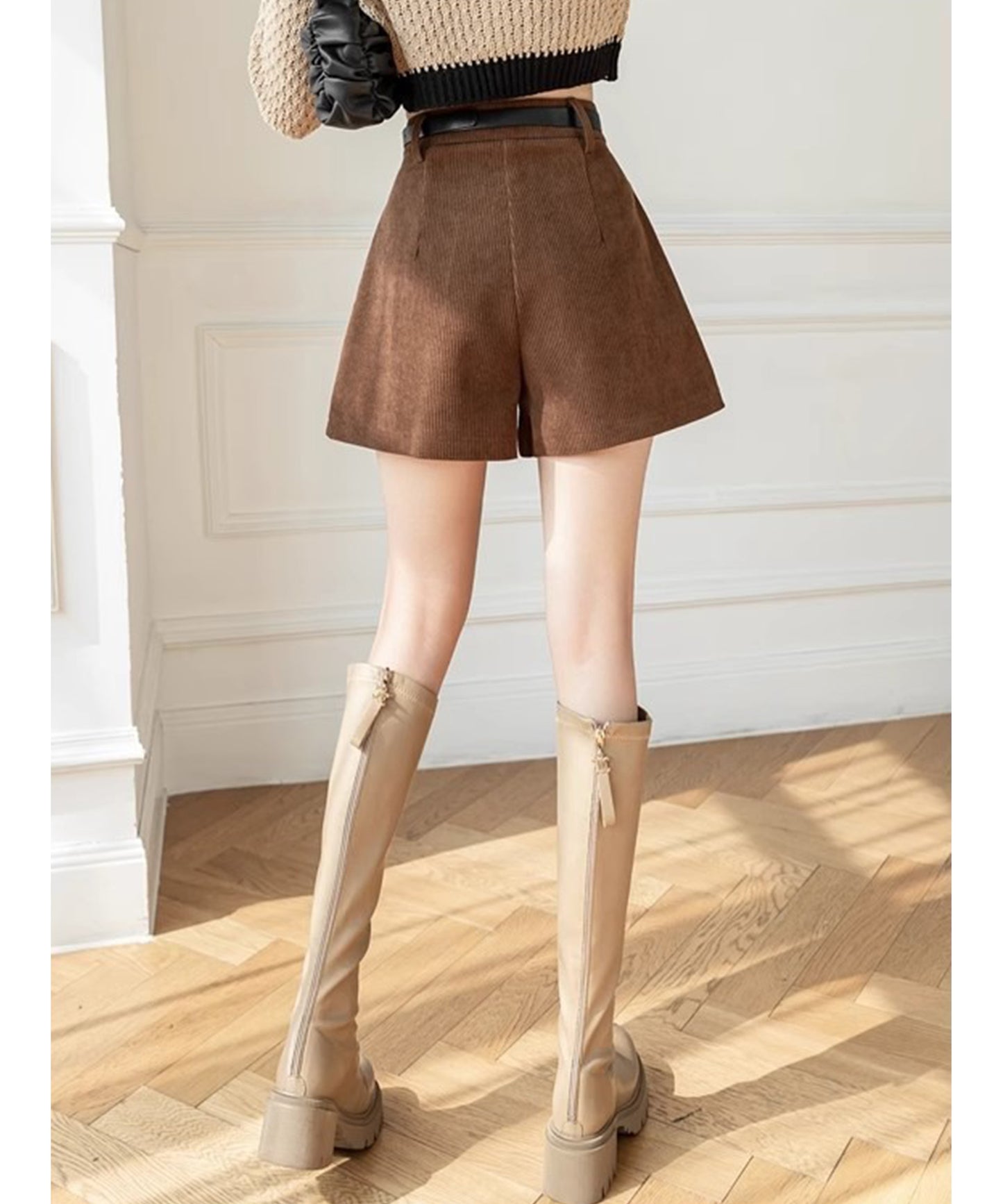 コーデュロイ プリーツ ハイウエスト ショート パンツ