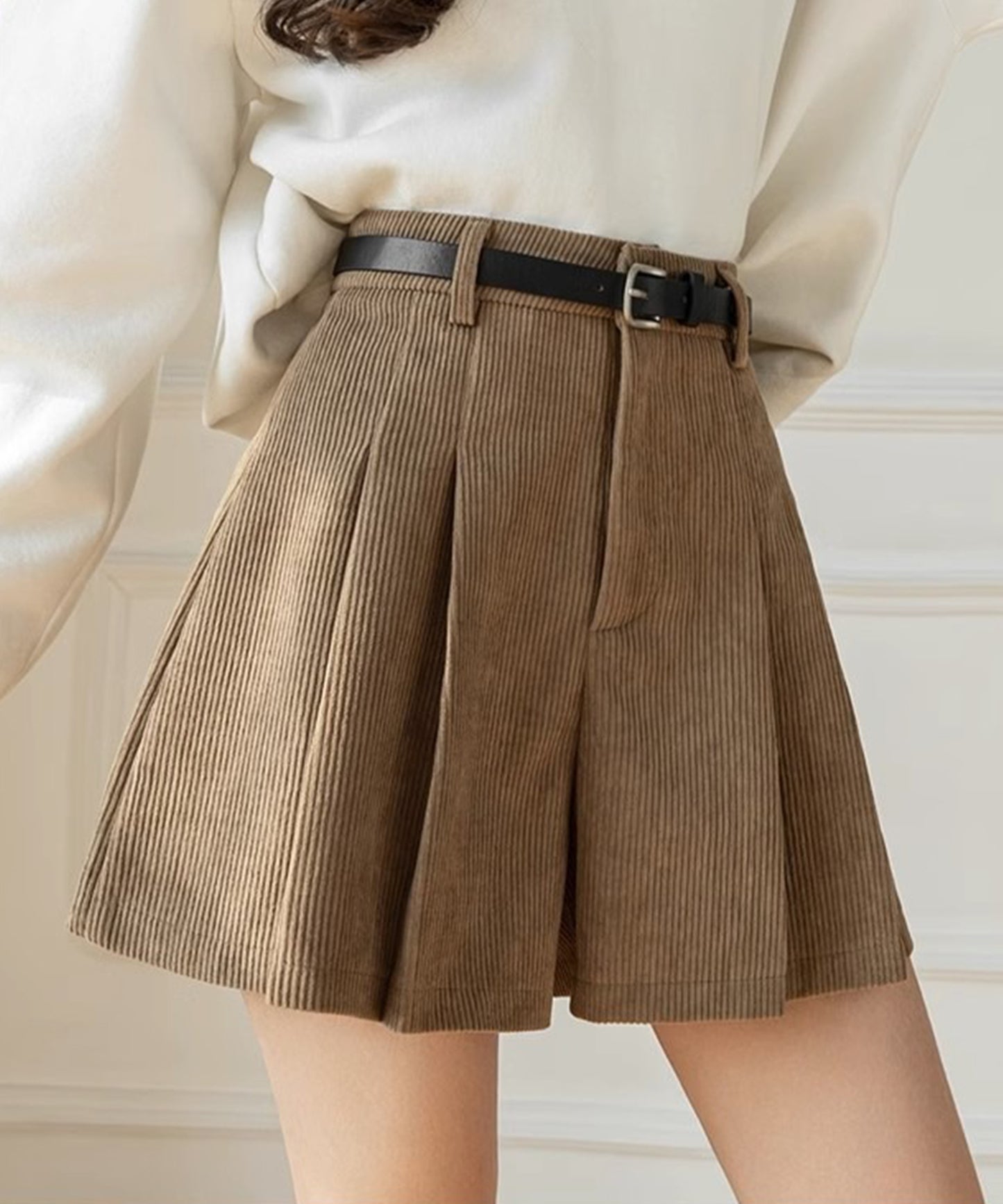 コーデュロイ プリーツ ハイウエスト ショート パンツ